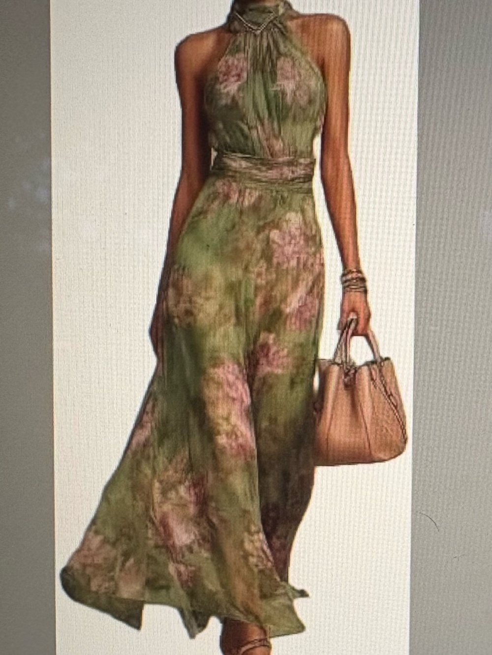 Formal dress, size large, soft green with pink floral